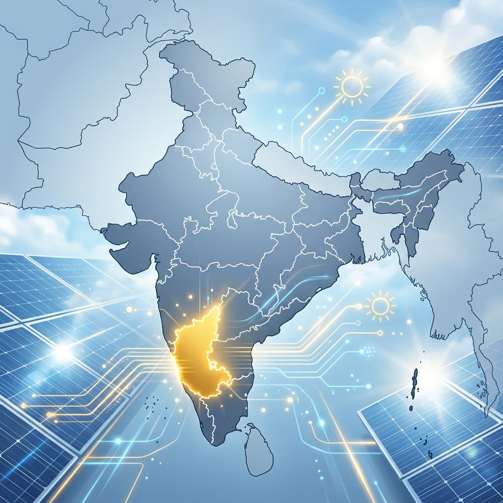 Map of India highlighting Karnataka with solar panels overlay